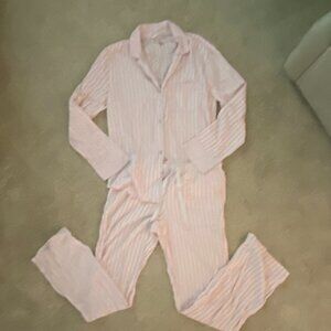 Victoria Secret soft light flannel matching striped pink flannel PJ set, size M